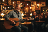 a 60 year old man playing guitar at a bar 